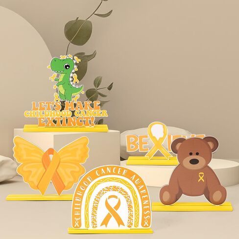 Haooryx Childhood Cancer Awareness Wooden Centerpiece - 5Pcs Yellow Ribbon Believe Wood Table Topper Bear Rainbow Kids Childhood Cancer Table Decoration for Hospital Charity Party Seminar Decor Supply in Saudi Arabia