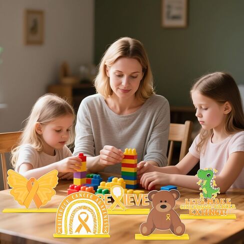 Haooryx Childhood Cancer Awareness Wooden Centerpiece - 5Pcs Yellow Ribbon Believe Wood Table Topper Bear Rainbow Kids Childhood Cancer Table Decoration for Hospital Charity Party Seminar Decor Supply in Saudi Arabia