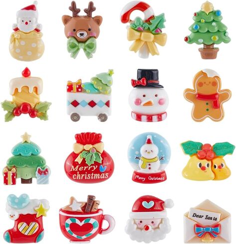 SUNNYCLUE 64Pcs 16 Styles Christmas Resin Flatback Charms Holiday Cabochons Assorted Winter Xmas Tree Santa Claus Socking Deer Snowman Cabochon for DIY Crafting Jewelry Making Embellishments Supplies in Saudi Arabia