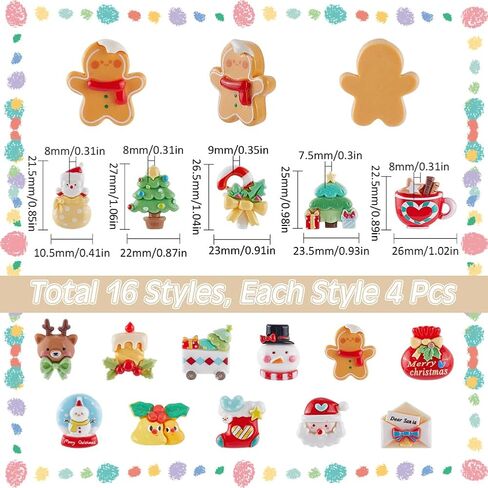 SUNNYCLUE 64Pcs 16 Styles Christmas Resin Flatback Charms Holiday Cabochons Assorted Winter Xmas Tree Santa Claus Socking Deer Snowman Cabochon for DIY Crafting Jewelry Making Embellishments Supplies in Saudi Arabia
