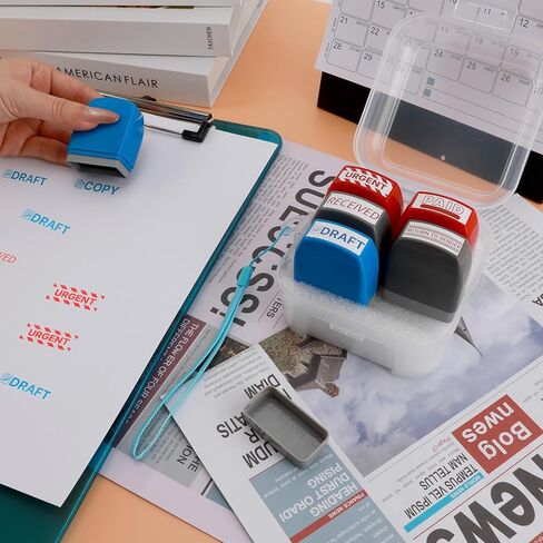 مجموعة طوابع طوابع محفوظة الذات - حزمة حمراء وأزرق لمستندات العمل | طوابع المكاتب المسبقة (المدفوعة ، نسخة ، عاجلة ، مسودة) | طوابع مطاطية متينة للأوراق والسجلات in Kuwait