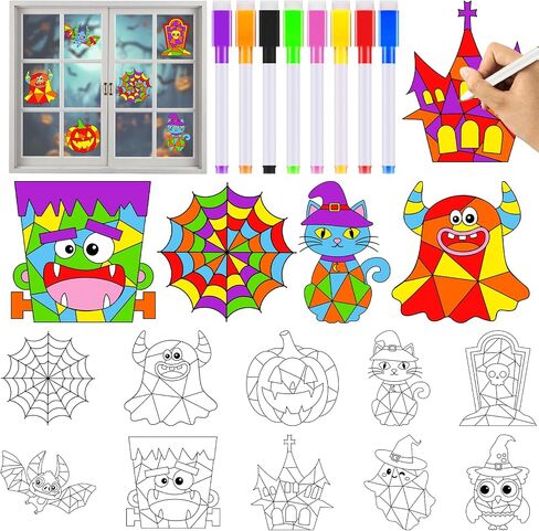30 حزمة هالوين الفنون الحرف اليدوية للأطفال هالوين نافذة Suncatchers Kit Diy Pumpkin Owl Monster Ghost Colling Clatse Clings ملصقات مع 14 علامة هدايا هواية للأطفال ديكور المنزل in Saudi Arabia