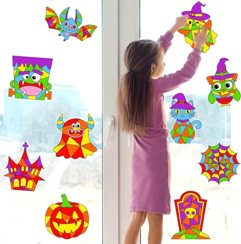 30 حزمة هالوين الفنون الحرف اليدوية للأطفال هالوين نافذة Suncatchers Kit Diy Pumpkin Owl Monster Ghost Colling Clatse Clings ملصقات مع 14 علامة هدايا هواية للأطفال ديكور المنزل in Saudi Arabia