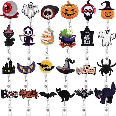 24 Pcs Halloween Badge Reels Retractable Felt Nurse Badge Reels ID Name Holder with Alligator Swivel Clip Halloween Pumpkin Skull Ghost Bat for Nurse Doctor Office Gifts in Saudi Arabia