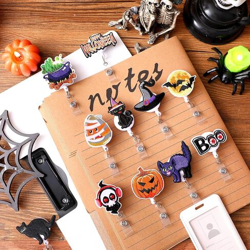 24 Pcs Halloween Badge Reels Retractable Felt Nurse Badge Reels ID Name Holder with Alligator Swivel Clip Halloween Pumpkin Skull Ghost Bat for Nurse Doctor Office Gifts in Saudi Arabia