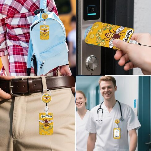 Funny Surfing Cat Riding a Dinosaur ID Badge Holder with Breakaway Lanyard &Heavy Duty Retractable Reel-360°Rotating Carabiner Keychain for Women Students,Teachers, Nurses, Office Use 12 in Saudi Arabia
