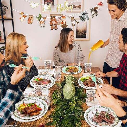 142pcs-woodland-baby-shower-party-decorations for boys girls ، safari jungle wild tablemo table set 20 ، supplies with diversion forts forks forks knives spoon banner tableoth in Saudi Arabia