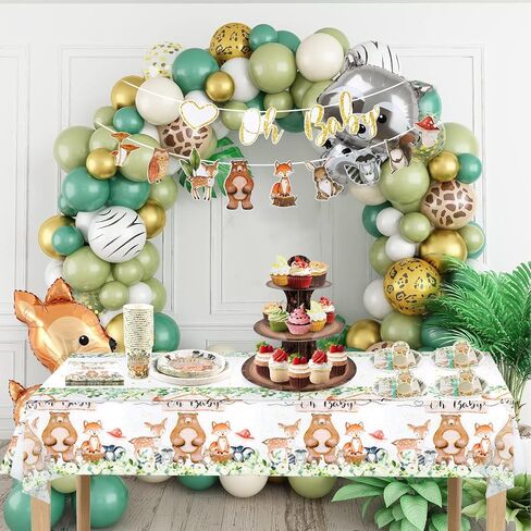 142pcs-woodland-baby-shower-party-decorations for boys girls ، safari jungle wild tablemo table set 20 ، supplies with diversion forts forks forks knives spoon banner tableoth in Saudi Arabia