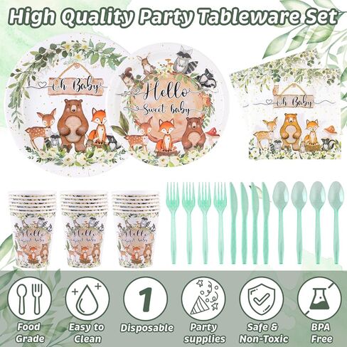 142pcs-woodland-baby-shower-party-decorations for boys girls ، safari jungle wild tablemo table set 20 ، supplies with diversion forts forks forks knives spoon banner tableoth in Saudi Arabia