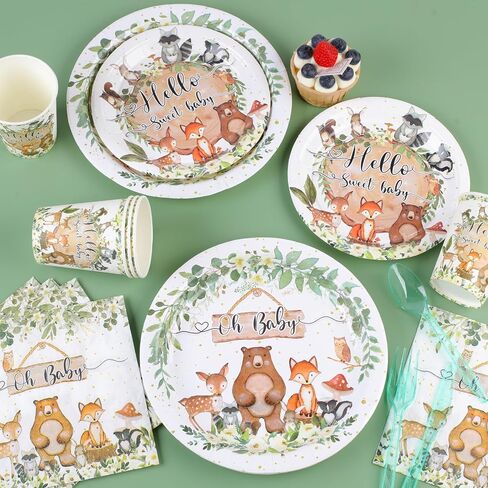 142pcs-woodland-baby-shower-party-decorations for boys girls ، safari jungle wild tablemo table set 20 ، supplies with diversion forts forks forks knives spoon banner tableoth in Saudi Arabia