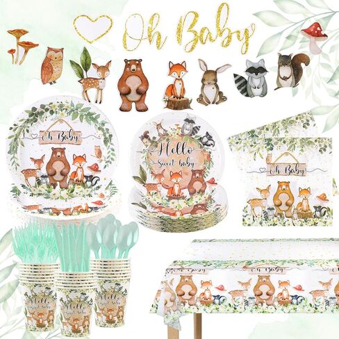 142pcs-woodland-baby-shower-party-decorations for boys girls ، safari jungle wild tablemo table set 20 ، supplies with diversion forts forks forks knives spoon banner tableoth in Saudi Arabia