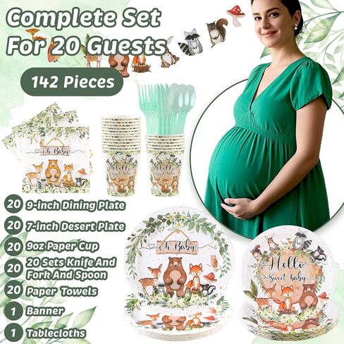 142pcs-woodland-baby-shower-party-decorations for boys girls ، safari jungle wild tablemo table set 20 ، supplies with diversion forts forks forks knives spoon banner tableoth in Saudi Arabia