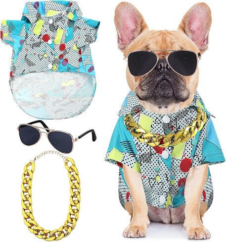 Mepase Halloween 80s Dog Costume 90s Retro Disco Puppy t Shirt Sunglasses Gold Chain Assity Assume for Puppy Carge Cats Halloween (Medium) in Saudi Arabia