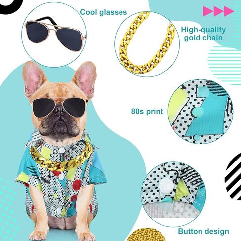 Mepase Halloween 80s Dog Costume 90s Retro Disco Puppy t Shirt Sunglasses Gold Chain Assity Assume for Puppy Carge Cats Halloween (Medium) in Saudi Arabia