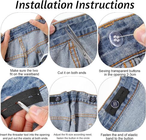 10 Pcs Waistband with 20 Buttons, Waist Tightener Elastic for Sewing Button Extender for Pants Button Extender Waistband Waist Knots for Pants Needles Wire Clamp Thread for Loose Jeans(Black) in Saudi Arabia