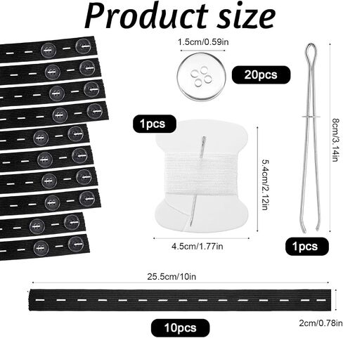 10 Pcs Waistband with 20 Buttons, Waist Tightener Elastic for Sewing Button Extender for Pants Button Extender Waistband Waist Knots for Pants Needles Wire Clamp Thread for Loose Jeans(Black) in Saudi Arabia