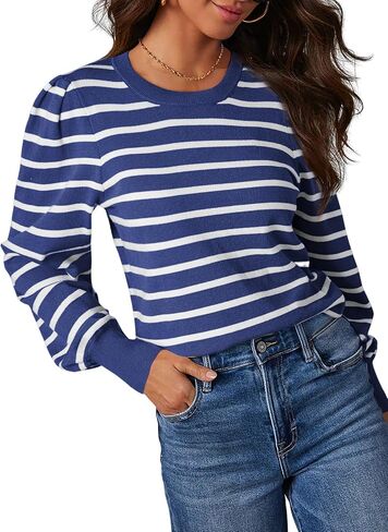 Dokotoo Women's Striped Sweaters Puff Long Sleeve Crewneck Ribbed Knit Pullover Jumper Tops in Saudi Arabia