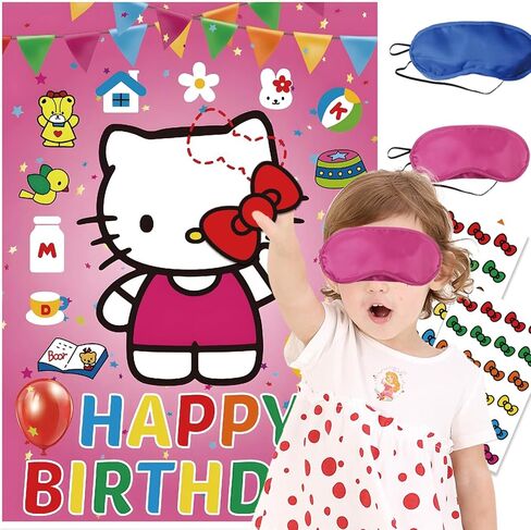 Birthday Decorations, Cute Pink Party Supplies Large Poster with 24 Pcs Bow Stickers, Pin The Bow Sticker on Cat, Cartoon Party Games for Girls Boys in Saudi Arabia