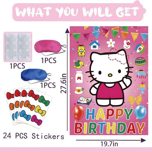 Birthday Decorations, Cute Pink Party Supplies Large Poster with 24 Pcs Bow Stickers, Pin The Bow Sticker on Cat, Cartoon Party Games for Girls Boys in Saudi Arabia