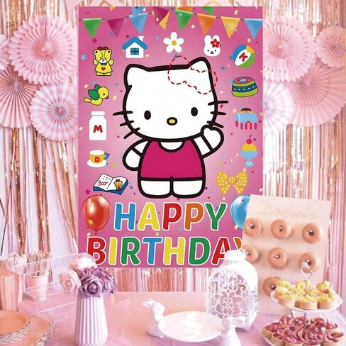 Birthday Decorations, Cute Pink Party Supplies Large Poster with 24 Pcs Bow Stickers, Pin The Bow Sticker on Cat, Cartoon Party Games for Girls Boys in Saudi Arabia
