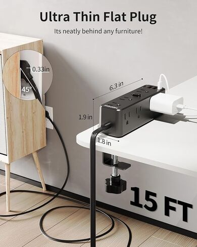 Desk Clamp Power Strip, Desktop Edge Mount Surge Protector with 9 Outlets 4 USB Ports (2 USB C), 10 Ft Flat Plug Extension Cord, Tabletop Charging Station for Home Office, Black in Kuwait