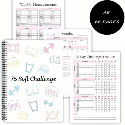 GKOPLUS 75-Day Soft Challenge Planner Noteboor ، 75 Easy Target Tracker Journal-Noteperal Notepad مع تقويم أسبوعي وشهري للعمل اليومي وتخطيط الوجبات والقراءة in Saudi Arabia