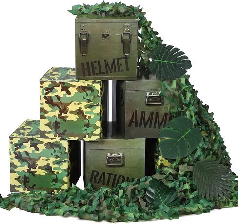 19 Pcs Camo Boxes Decor Army Party Decorations Including Camo Boxes Camo Netting and Palm Leaves for Hunting Military Army Military Enthusiasts Jungle Camo Party Birthday Party Supplies in Saudi Arabia