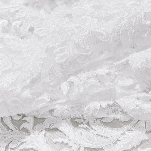 Fashion Bridal Lace Fabric Beaded Sequins Cords White Embroidery for Wedding (Bridal White, Cut by 3 Yards) in Saudi Arabia
