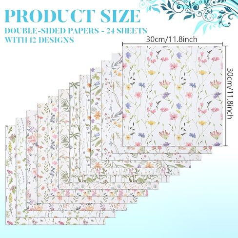 PLIGREAT 24 Sheets Blue Floral Scrapbook Paper, 12" Spring Flower Double Sided Specialty Paper Folded Flat for DIY Card Making Origami Photo Album Journal Decor DIY Background, 12 Styles in Saudi Arabia