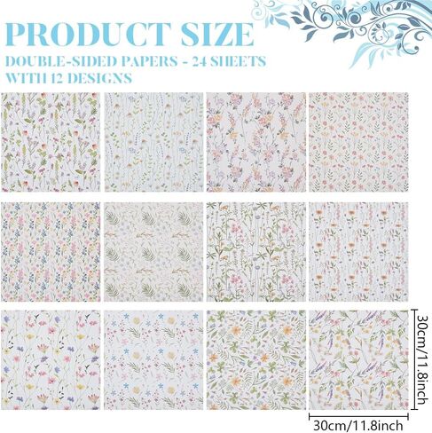 PLIGREAT 24 Sheets Blue Floral Scrapbook Paper, 12" Spring Flower Double Sided Specialty Paper Folded Flat for DIY Card Making Origami Photo Album Journal Decor DIY Background, 12 Styles in Saudi Arabia