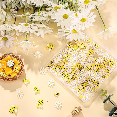 Hicarer 100 Pcs Mini Resin Bee Daisy Flower Decor 3 Sizes Tiny Flatback Embellishment Bees Decorations with Box for Craft DIY Wreath Cake Scrapbooking Home Party Decor in Saudi Arabia