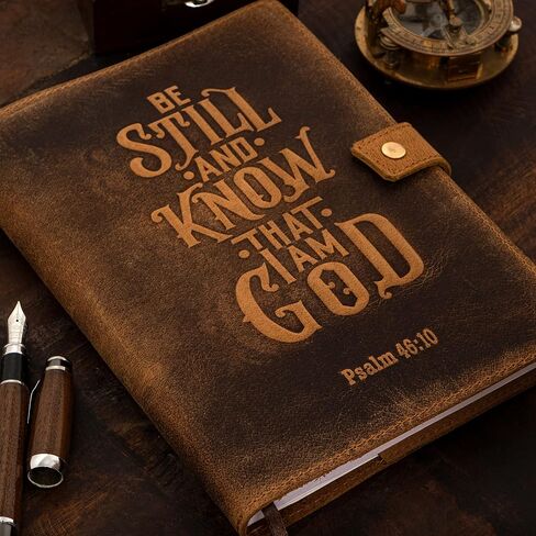 Refillable Leather Journal Lined Notebook, Bible Journal Psalm 46v10 Embossed Bible Verse | Christian Journal, Refillable Notebook for Men and Women Pen Holder & Card Slots, 200 Pages, 9 x 6 Inches in Kuwait