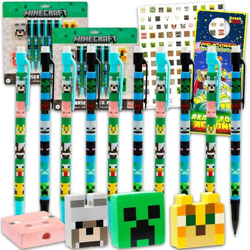 Minecraft Mechanical Pencils and Erasers Party Favors Bulk, 20 Pencils and 8 Erasers for Goodie Bags, Loot Bags, Classroom Prizes Plus More | Minecraft Party Supplies Kids, Boys, Girls in Saudi Arabia