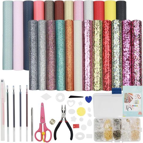 Leather Earring Making Kit - 24pcs Cricut Faux Leather Sheets for Earrings Making - 8.3" x 6.3" Each - Fabric and Tool for DIY Earrings - Jewelry Hair Bows Crafts Supplies for Beginners in Saudi Arabia