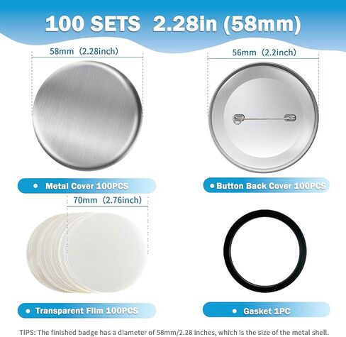 150 PCS Button Maker Supplies 58 مم/2.28 بوصة لوازم الأزرار ، و 50pcs غطاء معدني مقاوم للصدأ والغطاء الخلفي للدسم الهولندي والأفلام الصافية لآلة شارة دبوس DIY in Kuwait
