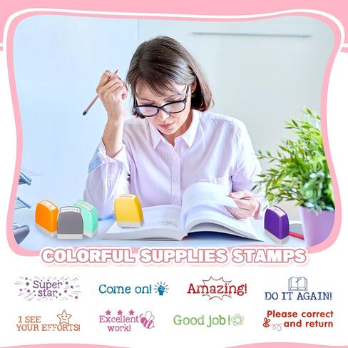Crtiin 8 Pcs Teacher Stamps for Grading Classroom Parent Signature Teacher Self-Inking Stamp Set for Homework Supplies Motivational Encouraging and Colorful Set in Saudi Arabia