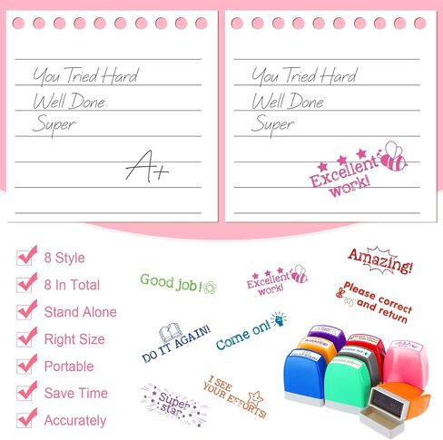 Crtiin 8 Pcs Teacher Stamps for Grading Classroom Parent Signature Teacher Self-Inking Stamp Set for Homework Supplies Motivational Encouraging and Colorful Set in Saudi Arabia