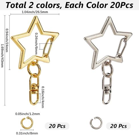 1 Box 40Pcs 2 Colors Star Clasp Star Shaped Keychain Clip Bulk Alloy Gold Silver Hollow Metal Buckle Spring Hooks Snap Swivel Clips for Key Rings Lanyard Purse Bag DIY Crafts Accessories in Saudi Arabia