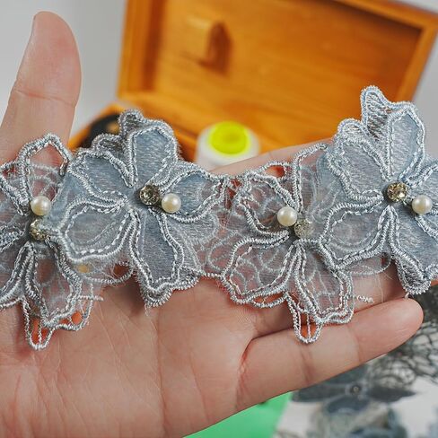 3D Pearl Beads زهرة الدانتيل ، 2 ياردة أورجانزا زهرة زين مطرزة تقليم لخياطة الحرف اليدوية فستان الزفاف ديكور المنزل ديكور (رمادي الأزرق) in Kuwait