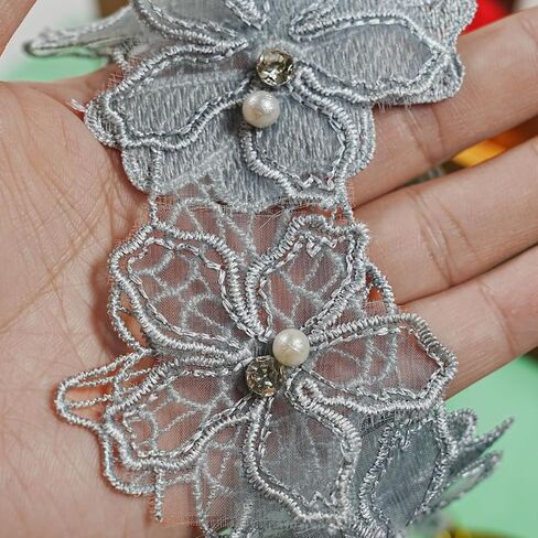 3D Pearl Beads زهرة الدانتيل ، 2 ياردة أورجانزا زهرة زين مطرزة تقليم لخياطة الحرف اليدوية فستان الزفاف ديكور المنزل ديكور (رمادي الأزرق) in Kuwait