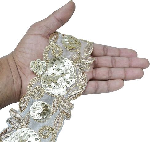 Craft Love Net Net Floral Sequence Lace Border Golden 9.2 ياردة/8.5 متر لبلوزة ساري DuPatta Lehenga تصميم الخياطة وما إلى ذلك (عرض 7 سم) (التصميم 3) in Kuwait