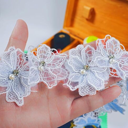 3D Pearl Beads زهرة الدانتيل ، 2 ياردة أورجانزا زهرة زين مطرزة تقليم لخياطة الحرف اليدوية فستان الزفاف ديكور المنزل ديكور (رمادي الأزرق) in Kuwait