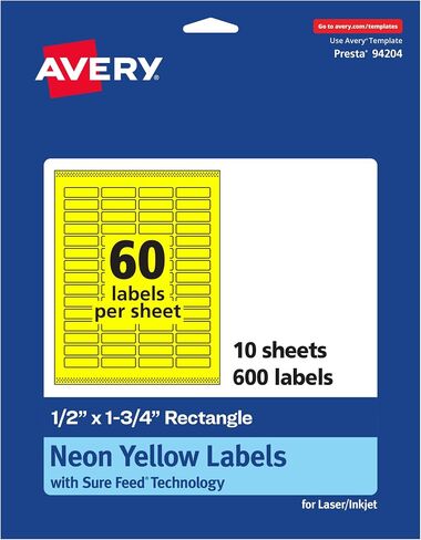 Avery Avery Printable Rectangle Labels ، Sure Feed Technology ، 1/2 "× 1-3/4" ، ملصقات صفراء نيون ، طباعة إلى الحافة ، والليزر/الحبر القابلة للطباعة ، إجمالي 1200 ، رائع للجرار والمزيد in Saudi Arabia