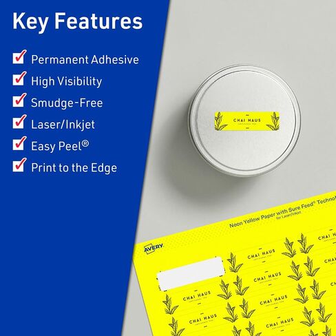Avery Avery Printable Rectangle Labels ، Sure Feed Technology ، 1/2 "× 1-3/4" ، ملصقات صفراء نيون ، طباعة إلى الحافة ، والليزر/الحبر القابلة للطباعة ، إجمالي 1200 ، رائع للجرار والمزيد in Saudi Arabia