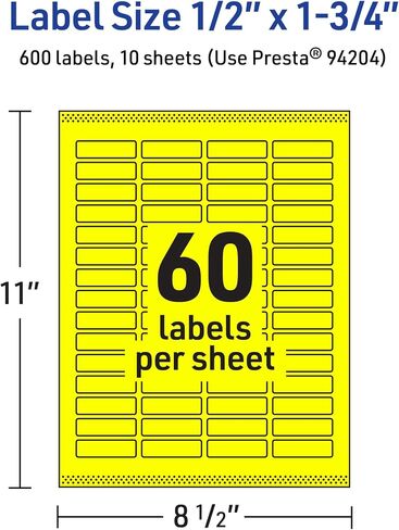 Avery Avery Printable Rectangle Labels ، Sure Feed Technology ، 1/2 "× 1-3/4" ، ملصقات صفراء نيون ، طباعة إلى الحافة ، والليزر/الحبر القابلة للطباعة ، إجمالي 1200 ، رائع للجرار والمزيد in Saudi Arabia