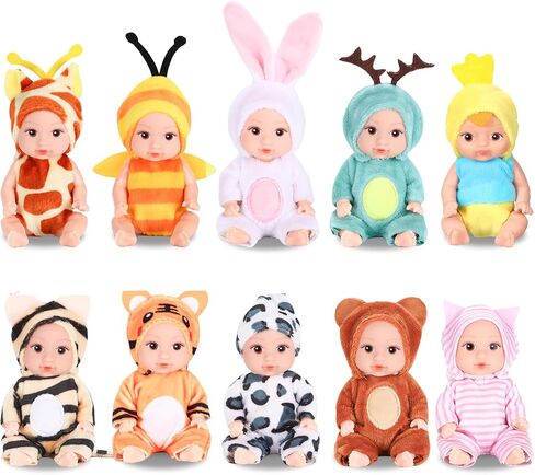 10 Pcs 4 Inch Mini Baby Dolls Playset with Handmade Animal Clothes - Reborn Baby Dolls Realistic Open Eye Design Role Play Toys for Girls Boys, Christmas Easter Gift in Saudi Arabia