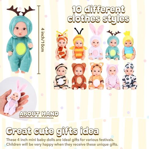 10 Pcs 4 Inch Mini Baby Dolls Playset with Handmade Animal Clothes - Reborn Baby Dolls Realistic Open Eye Design Role Play Toys for Girls Boys, Christmas Easter Gift in Saudi Arabia
