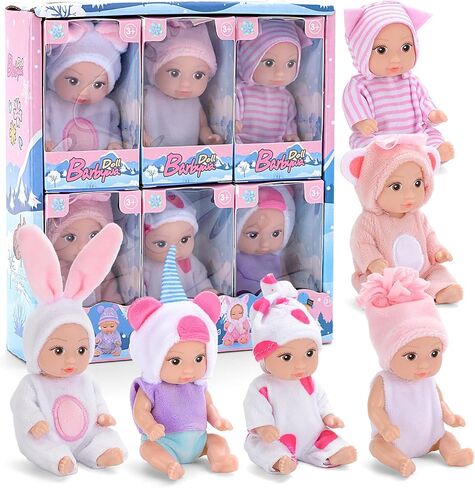 6PCS 4 Inch Realistic Open-Eye Baby Doll Playset - Mini Reborn Baby Dolls with Handmade Pink Clothes, Christmas Easter for Kids Age 3+ in Saudi Arabia