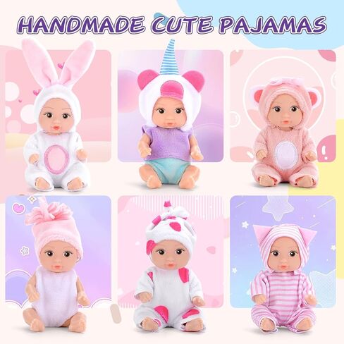 6PCS 4 Inch Realistic Open-Eye Baby Doll Playset - Mini Reborn Baby Dolls with Handmade Pink Clothes, Christmas Easter for Kids Age 3+ in Saudi Arabia