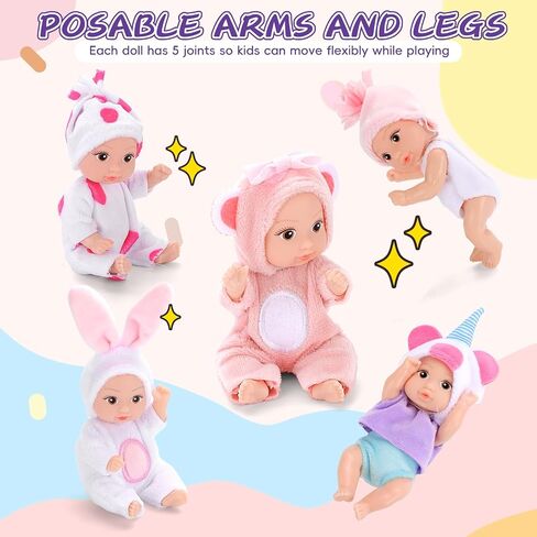 6PCS 4 Inch Realistic Open-Eye Baby Doll Playset - Mini Reborn Baby Dolls with Handmade Pink Clothes, Christmas Easter for Kids Age 3+ in Saudi Arabia